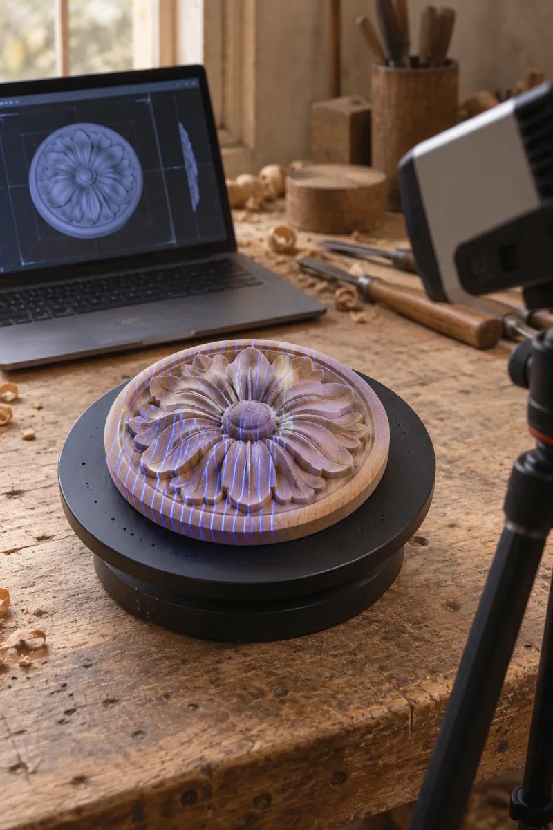 Резная розетка под синей подсветкой 3D-сканера